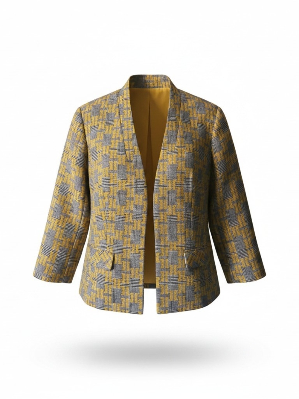 Kasper Yellow and Gray Plaid Open-Front Blazer
